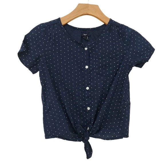 Gap Kids Girls Blouse Medium Navy Polka Dots Short Sleeve Tie Front Button Up - Picture 2 of 11